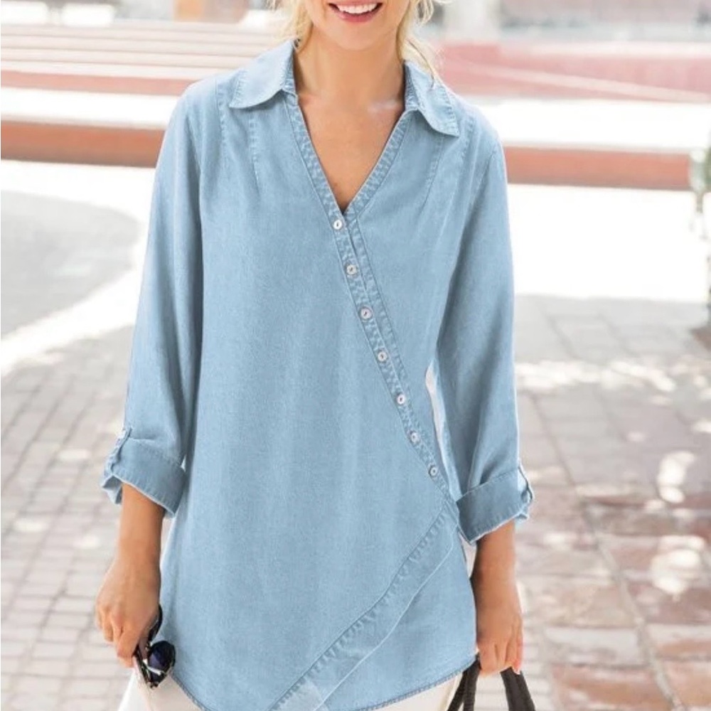 Soft Surroundings Sky Blue Asymmetrical Button-Down Shirt